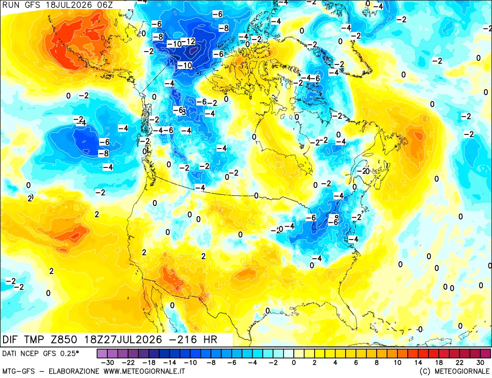 mappa Dif. Temp a 850 hPa Valid - Init
