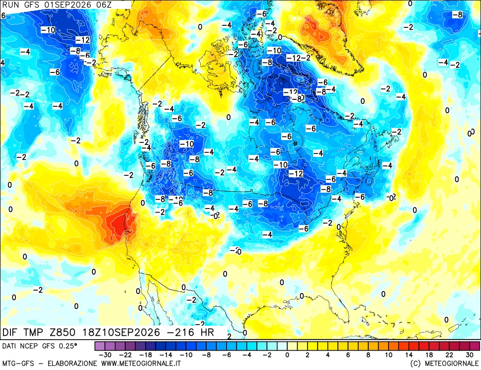 mappa Dif. Temp a 850 hPa Valid - Init