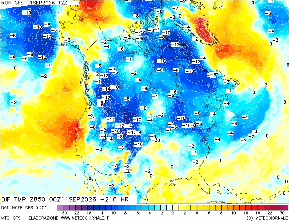 mappa Dif. Temp a 850 hPa Valid - Init