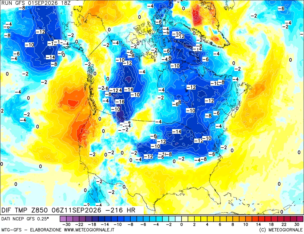mappa Dif. Temp a 850 hPa Valid - Init