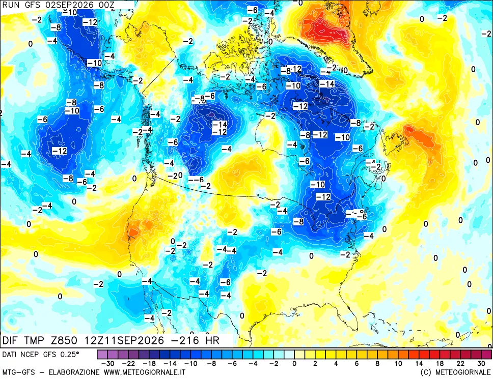 mappa Dif. Temp a 850 hPa Valid - Init