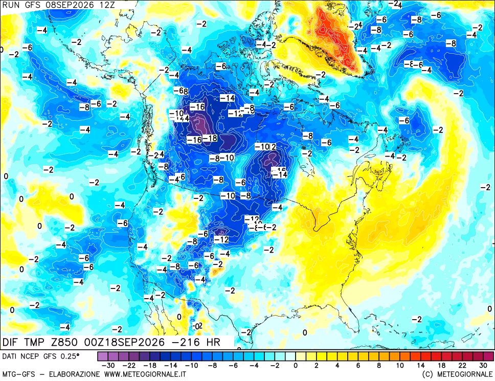 mappa Dif. Temp a 850 hPa Valid - Init