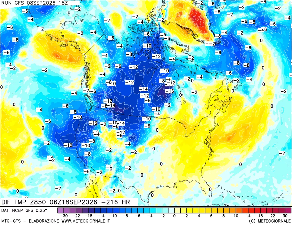 mappa Dif. Temp a 850 hPa Valid - Init