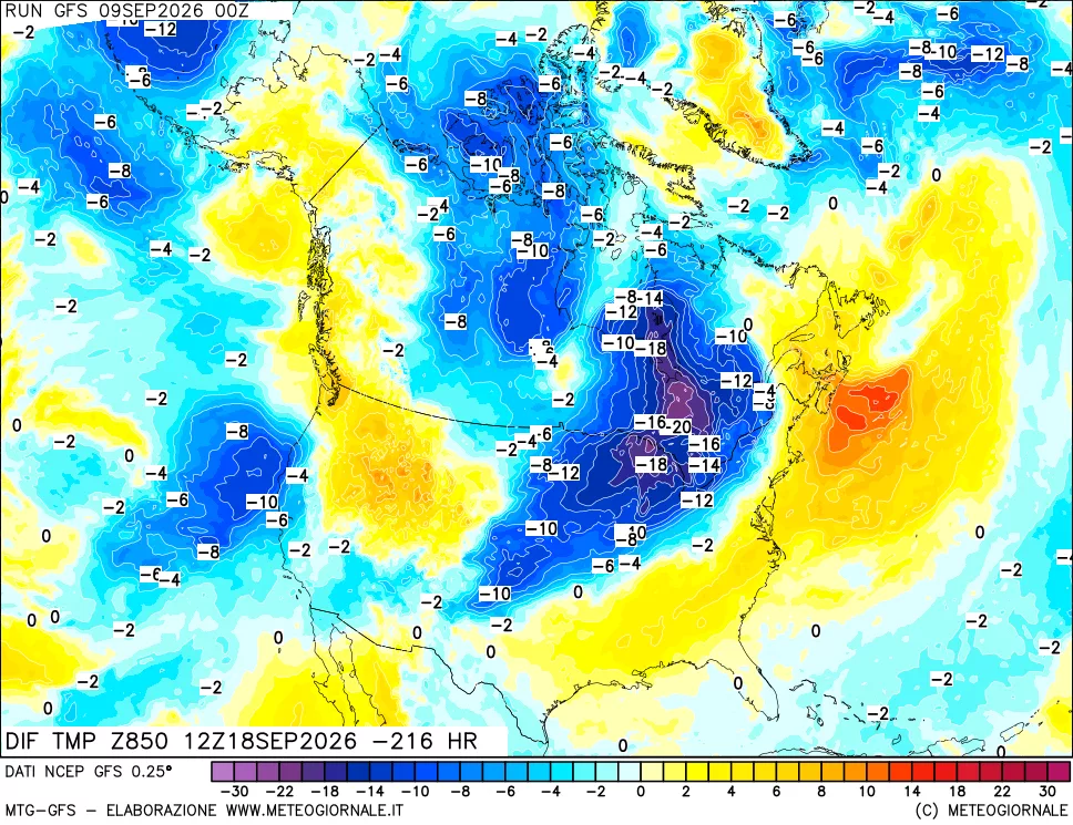 mappa Dif. Temp a 850 hPa Valid - Init