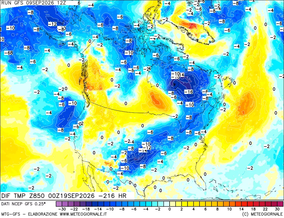 mappa Dif. Temp a 850 hPa Valid - Init