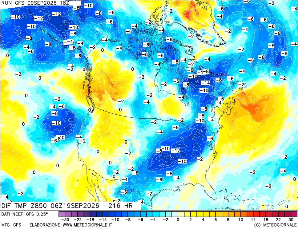 mappa Dif. Temp a 850 hPa Valid - Init