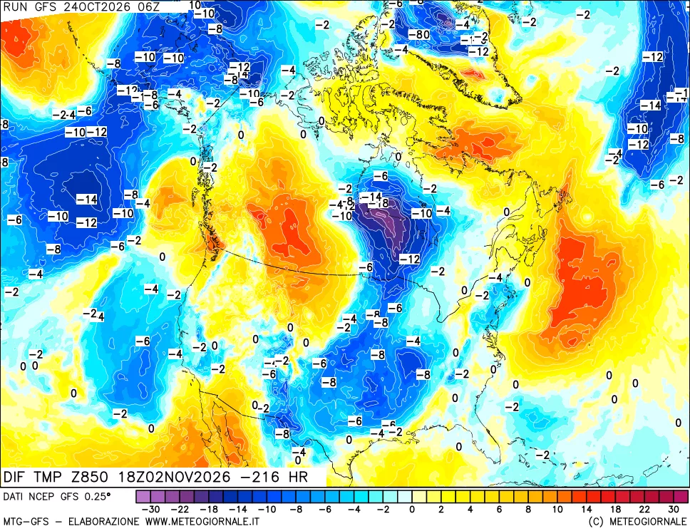 mappa Dif. Temp a 850 hPa Valid - Init