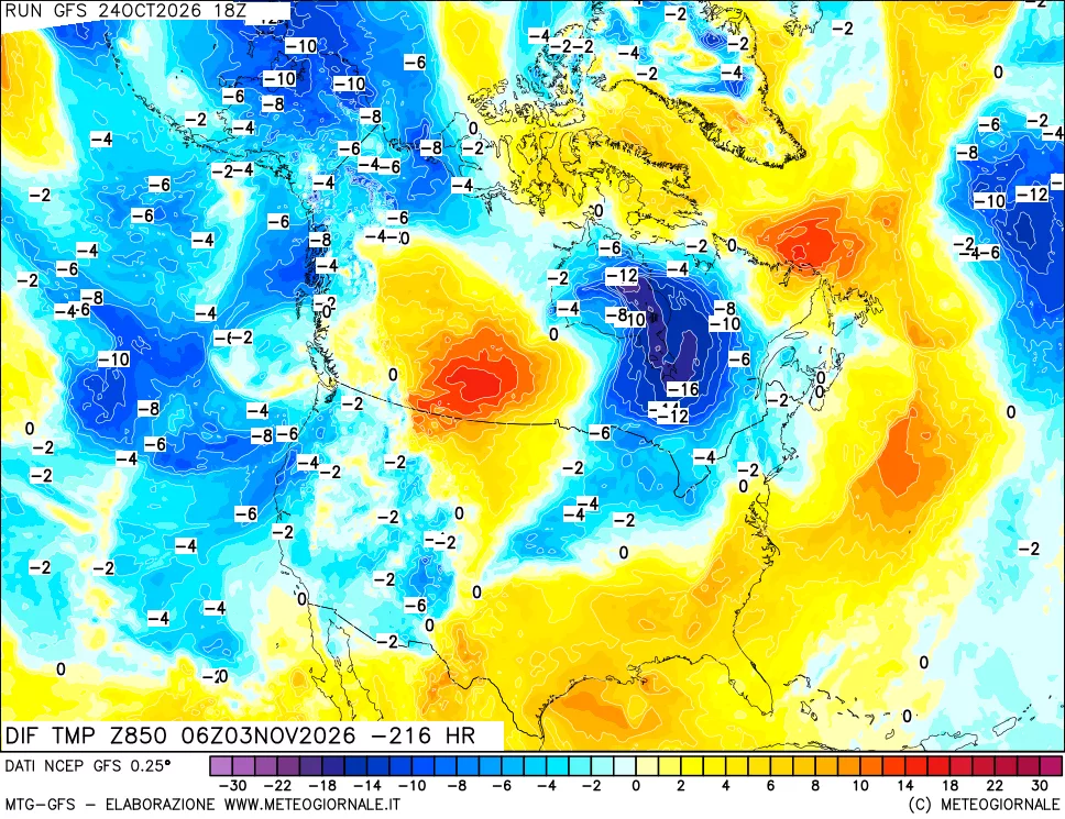 mappa Dif. Temp a 850 hPa Valid - Init