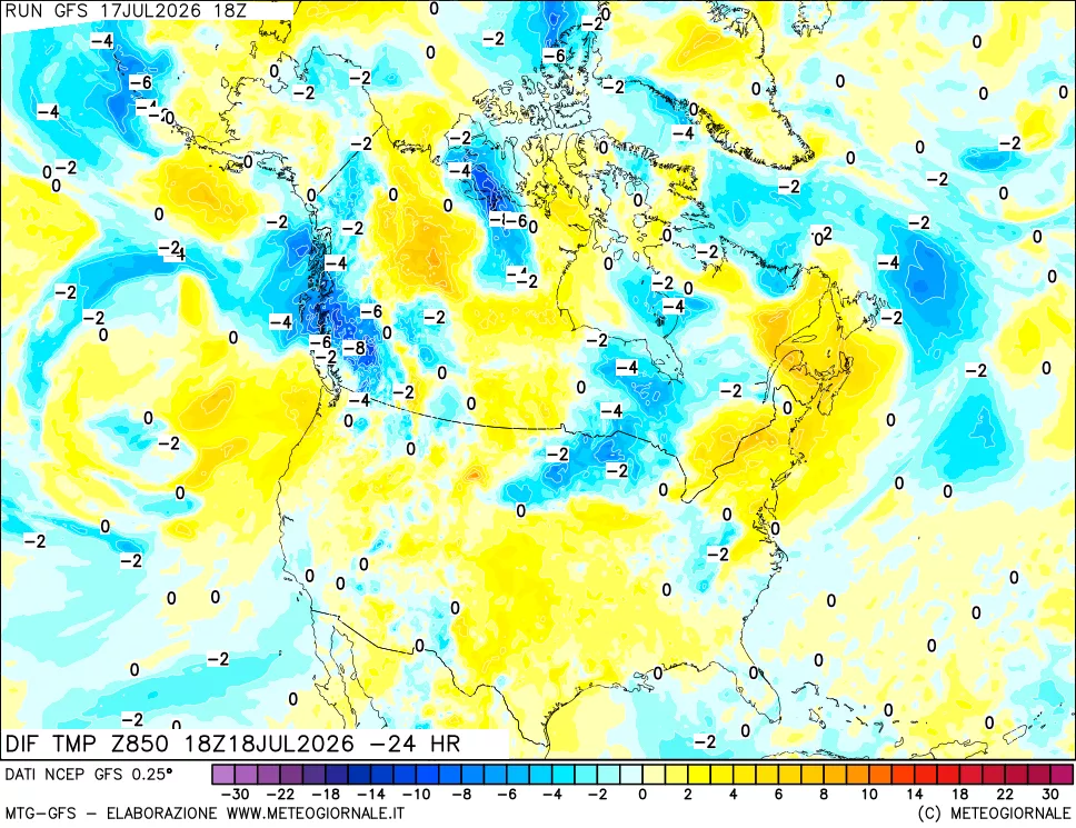 mappa Dif. Temp a 850 hPa Valid - Init