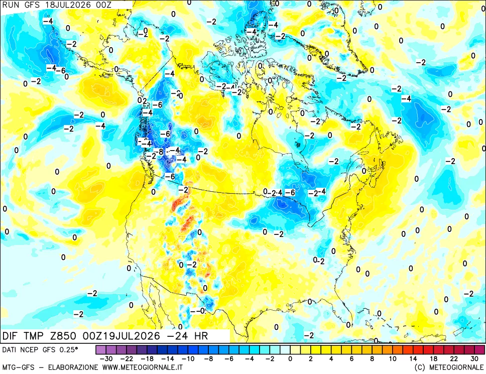 mappa Dif. Temp a 850 hPa Valid - Init