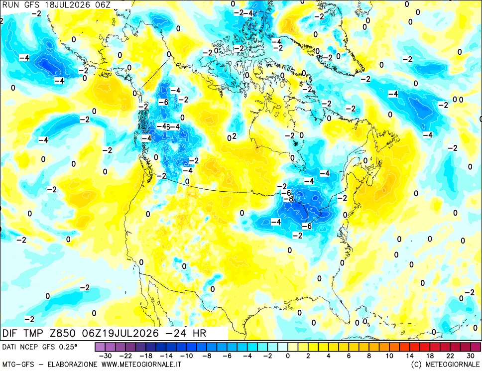 mappa Dif. Temp a 850 hPa Valid - Init