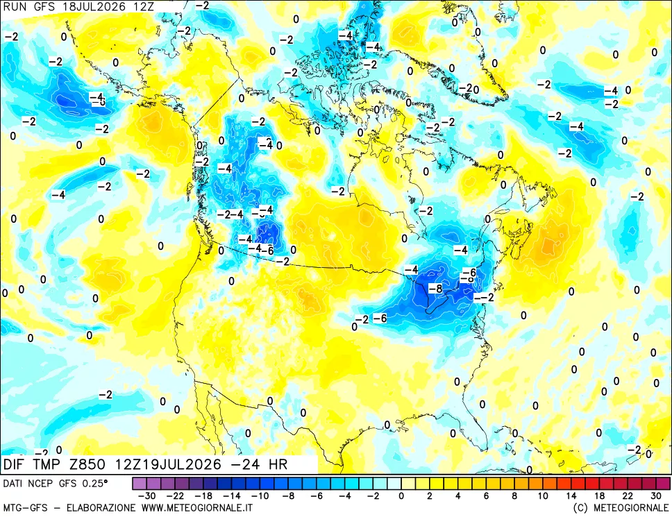 mappa Dif. Temp a 850 hPa Valid - Init