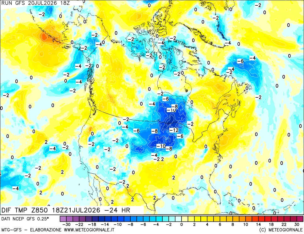 mappa Dif. Temp a 850 hPa Valid - Init