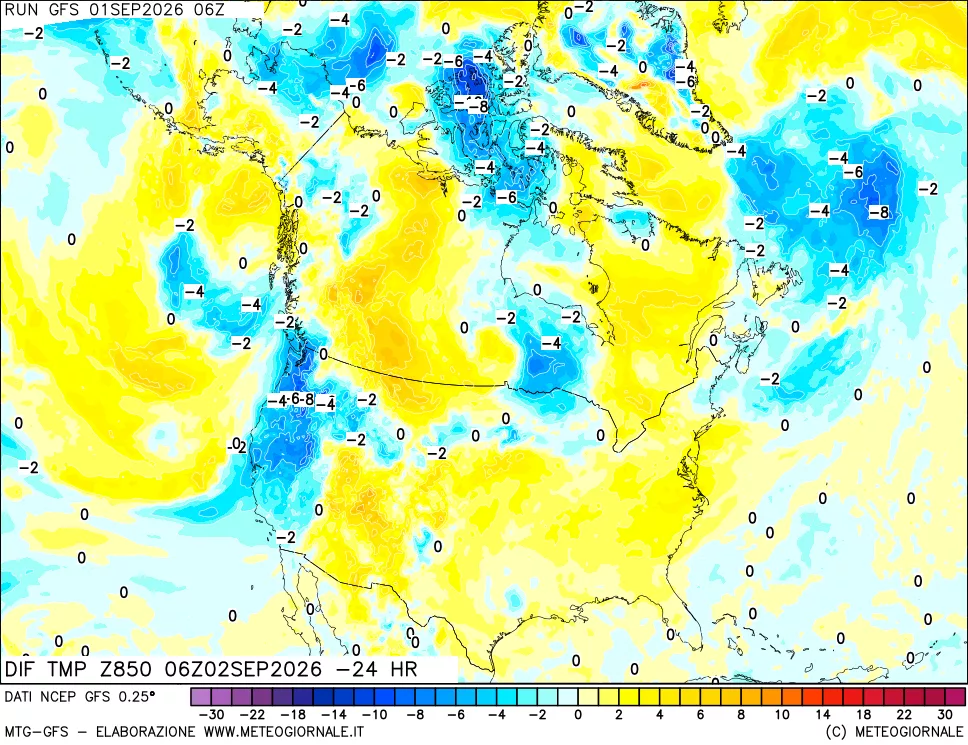 mappa Dif. Temp a 850 hPa Valid - Init