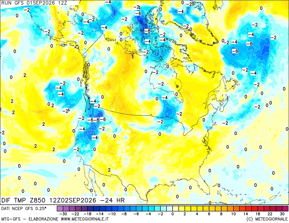 mappa Dif. Temp a 850 hPa Valid - Init