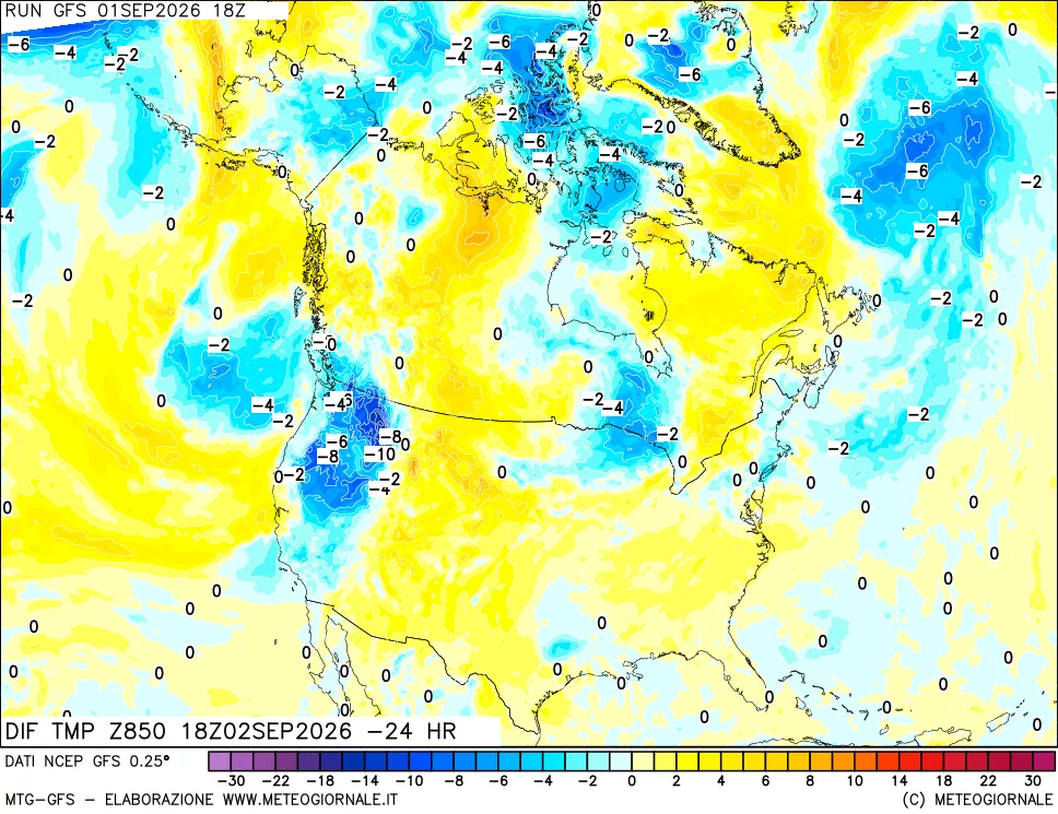 mappa Dif. Temp a 850 hPa Valid - Init