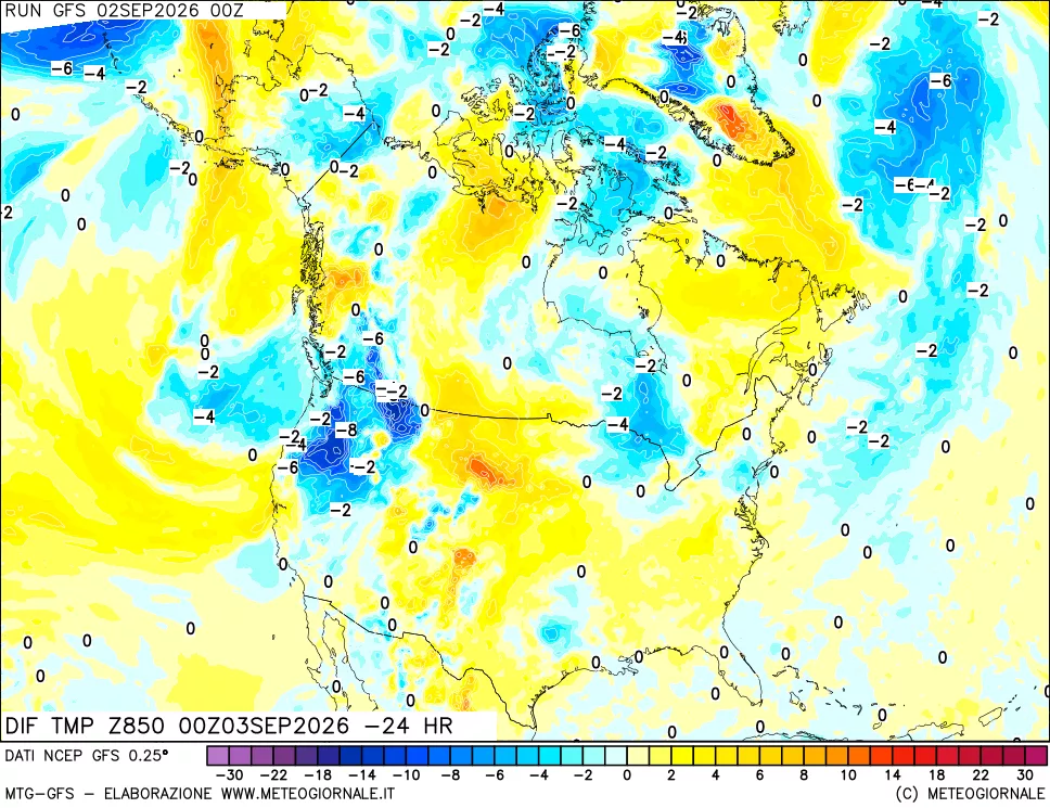 mappa Dif. Temp a 850 hPa Valid - Init