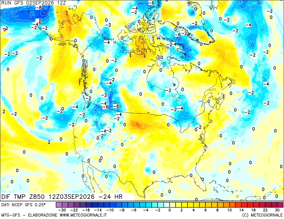 mappa Dif. Temp a 850 hPa Valid - Init