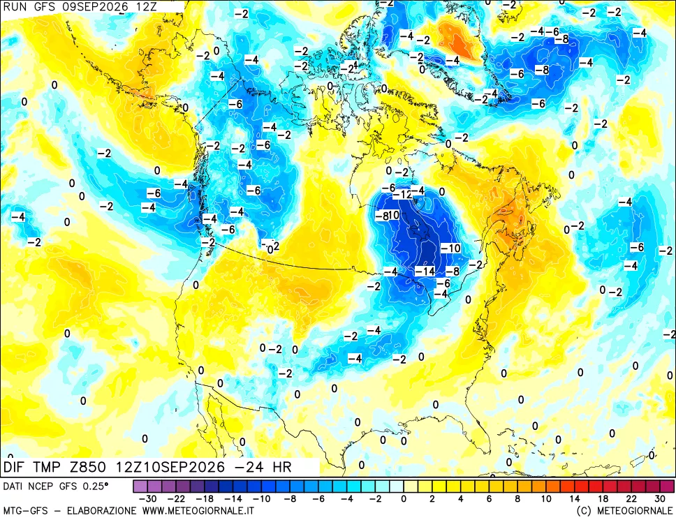 mappa Dif. Temp a 850 hPa Valid - Init