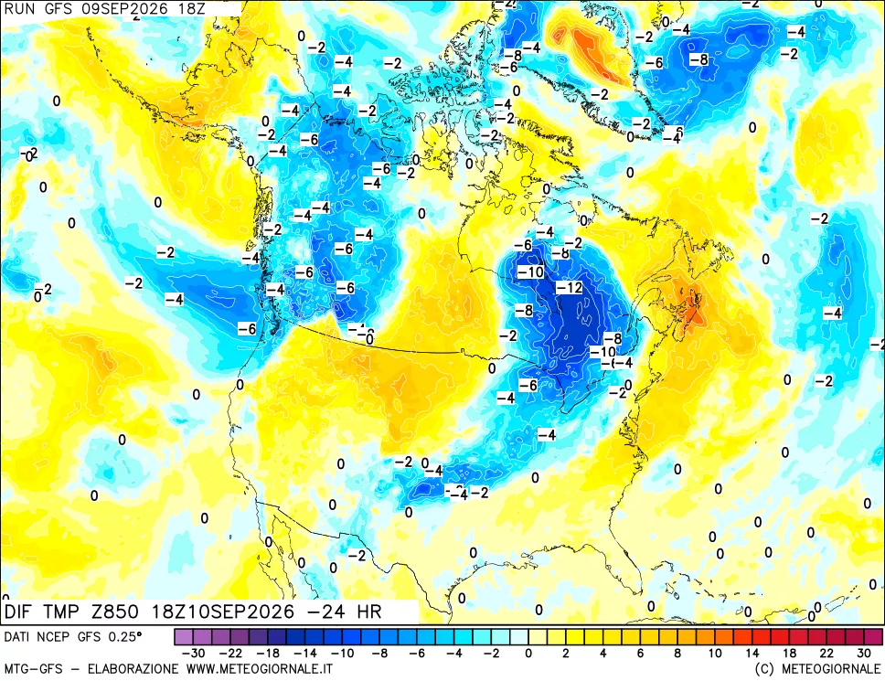 mappa Dif. Temp a 850 hPa Valid - Init