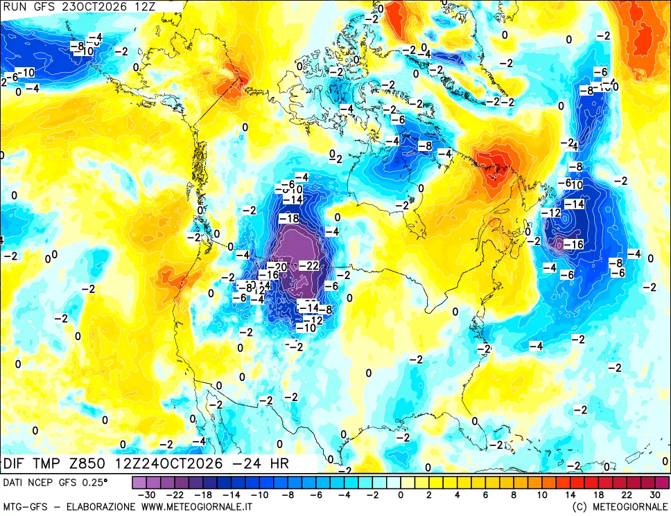 mappa Dif. Temp a 850 hPa Valid - Init