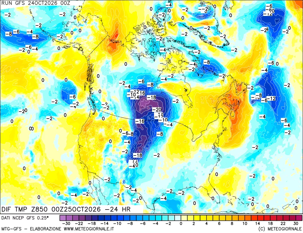 mappa Dif. Temp a 850 hPa Valid - Init