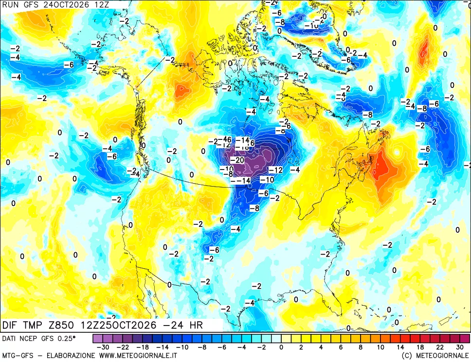 mappa Dif. Temp a 850 hPa Valid - Init