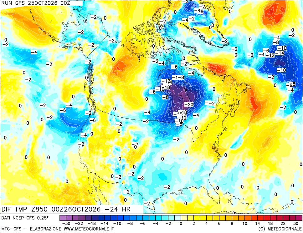 mappa Dif. Temp a 850 hPa Valid - Init