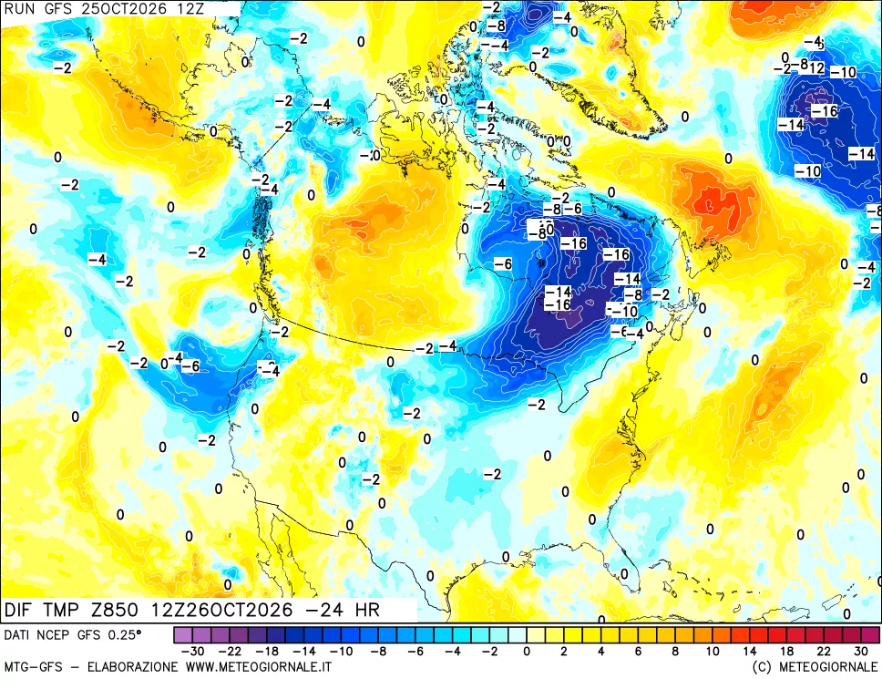 mappa Dif. Temp a 850 hPa Valid - Init