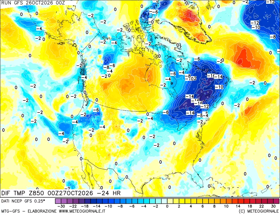 mappa Dif. Temp a 850 hPa Valid - Init