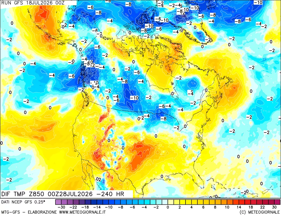 mappa Dif. Temp a 850 hPa Valid - Init