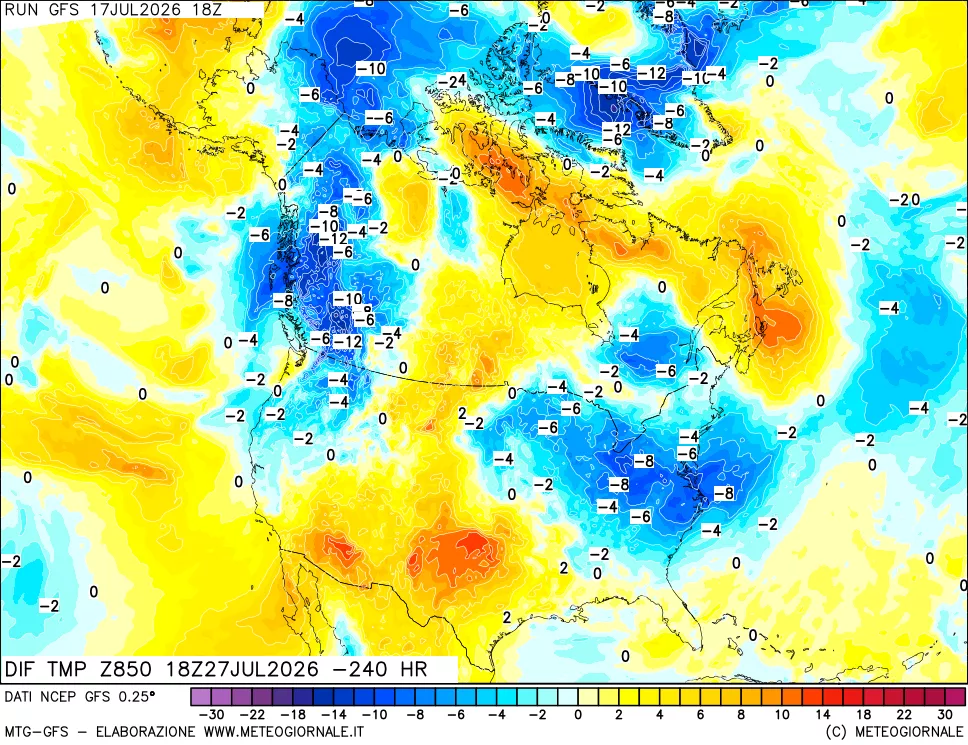 mappa Dif. Temp a 850 hPa Valid - Init