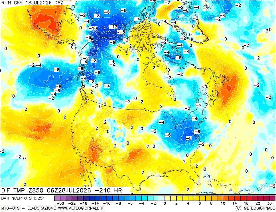 mappa Dif. Temp a 850 hPa Valid - Init