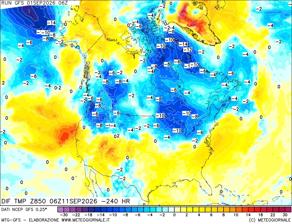 mappa Dif. Temp a 850 hPa Valid - Init