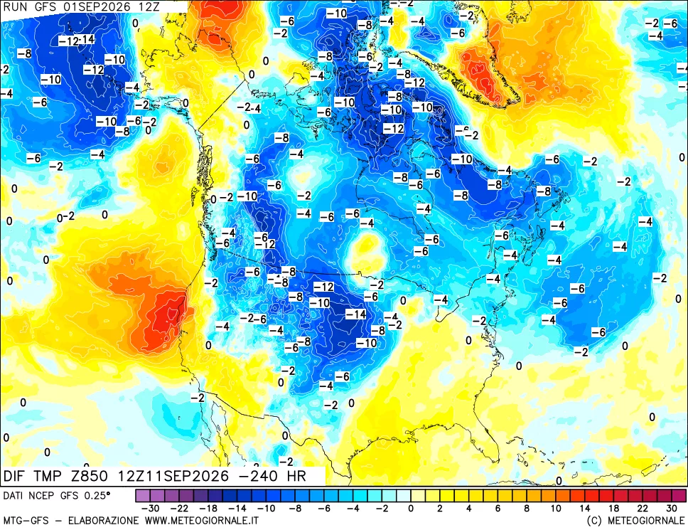 mappa Dif. Temp a 850 hPa Valid - Init
