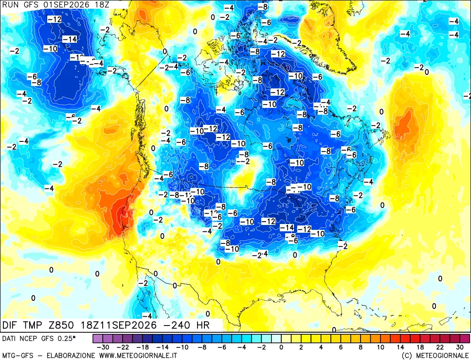 mappa Dif. Temp a 850 hPa Valid - Init