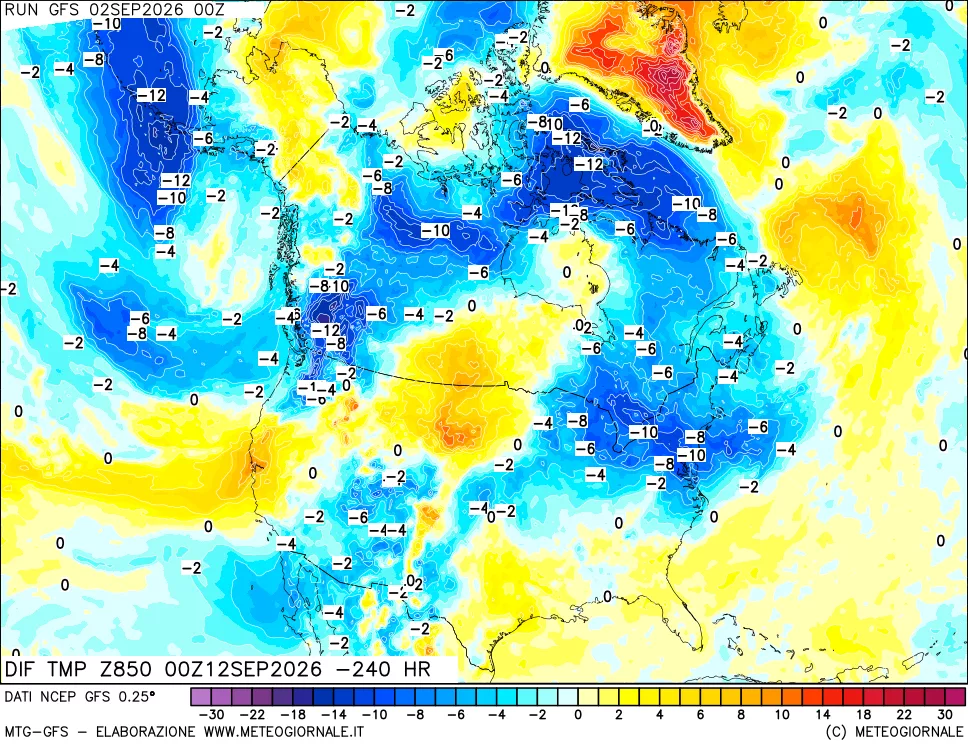 mappa Dif. Temp a 850 hPa Valid - Init