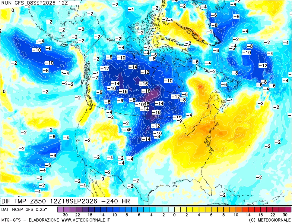mappa Dif. Temp a 850 hPa Valid - Init