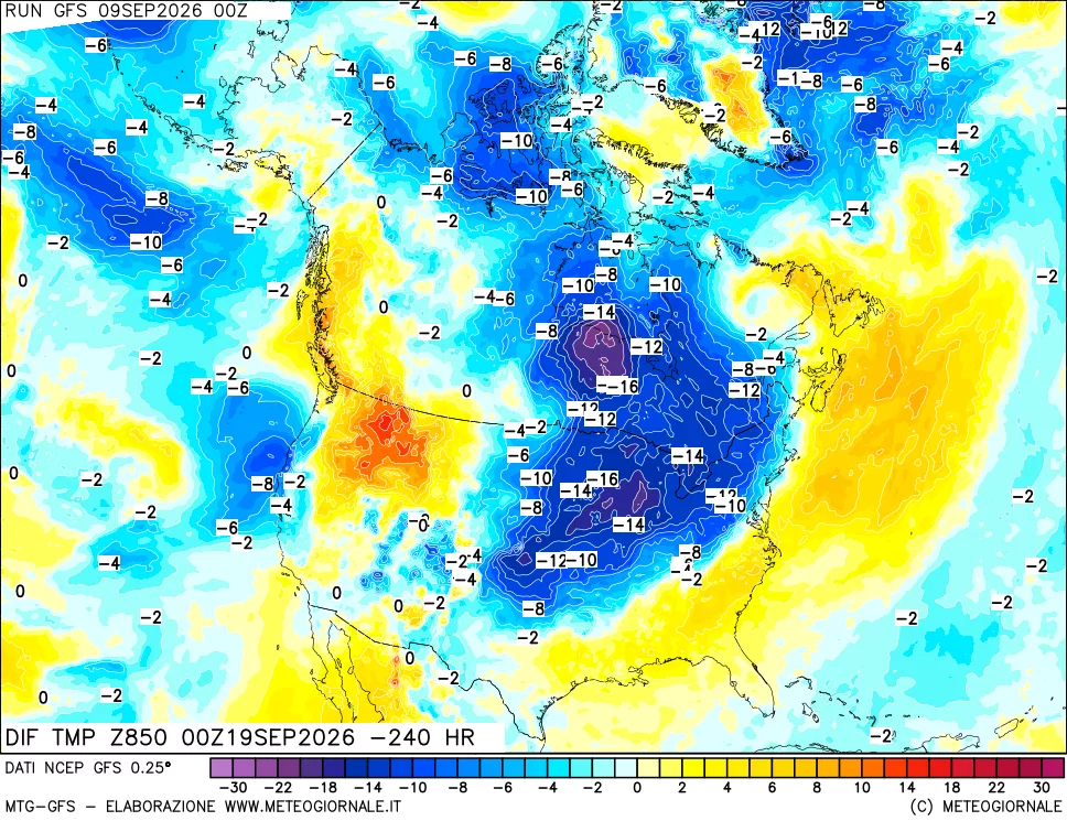 mappa Dif. Temp a 850 hPa Valid - Init