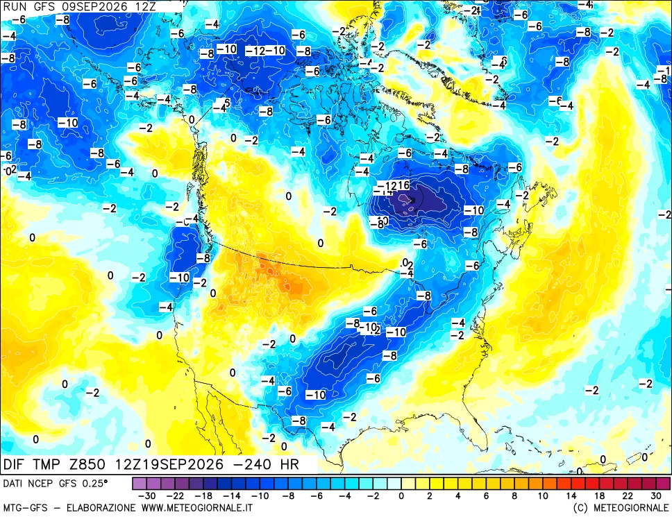 mappa Dif. Temp a 850 hPa Valid - Init