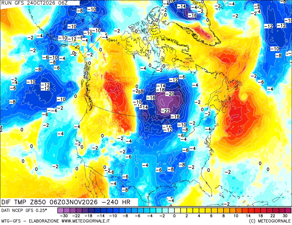 mappa Dif. Temp a 850 hPa Valid - Init