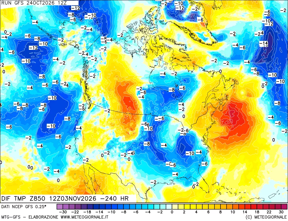 mappa Dif. Temp a 850 hPa Valid - Init