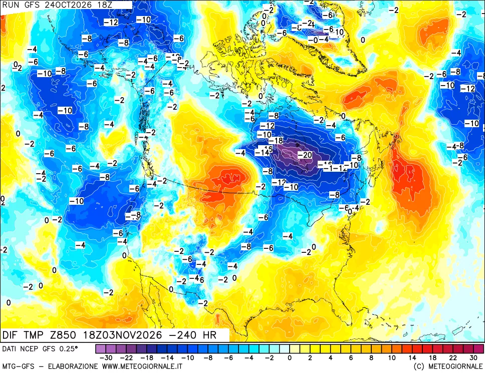 mappa Dif. Temp a 850 hPa Valid - Init