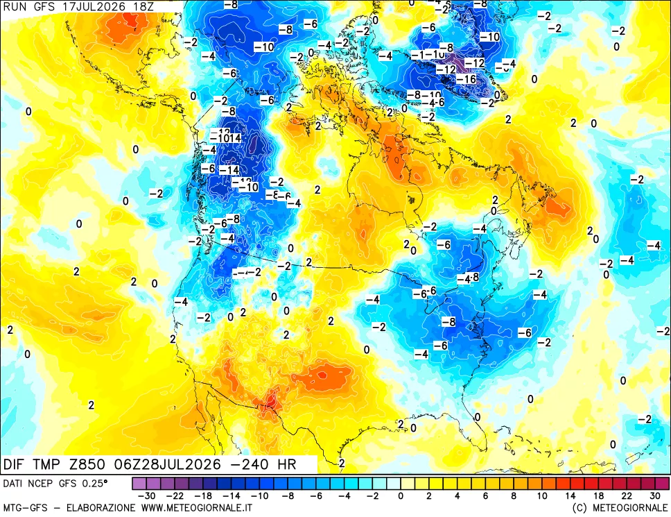 mappa Dif. Temp a 850 hPa Valid - Init