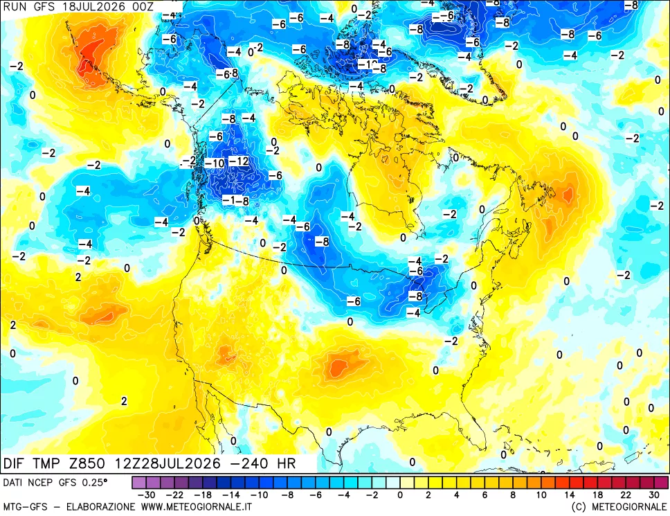 mappa Dif. Temp a 850 hPa Valid - Init