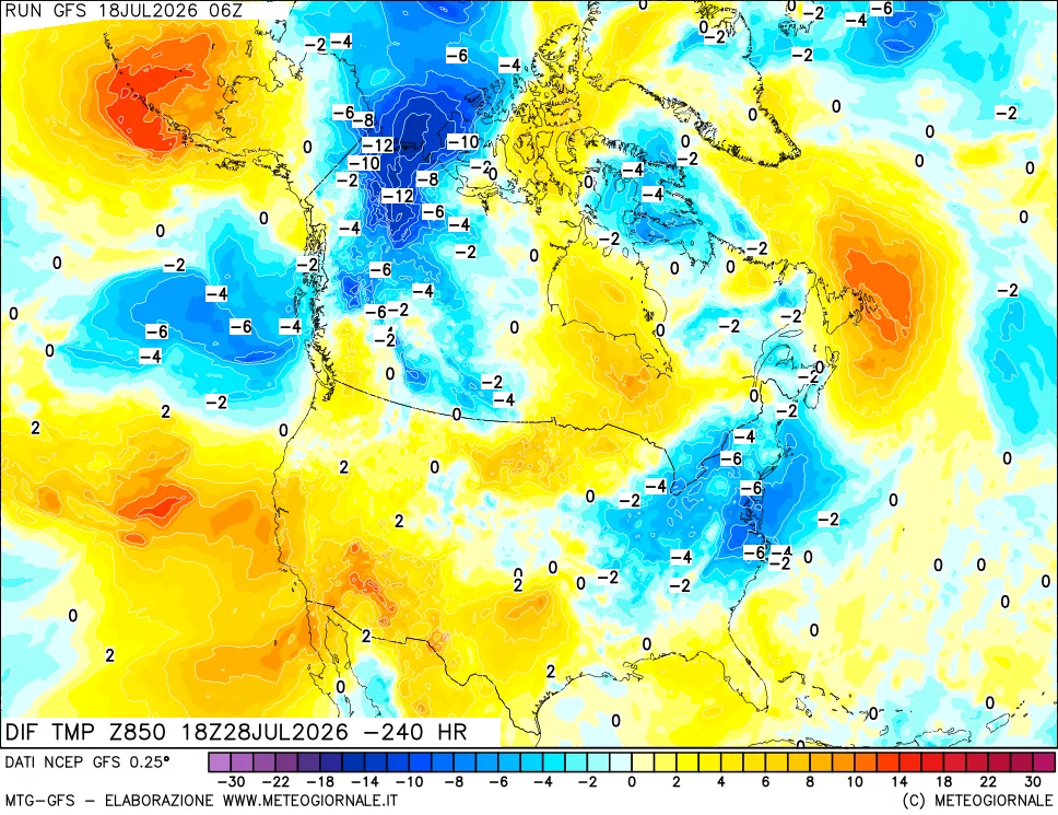 mappa Dif. Temp a 850 hPa Valid - Init