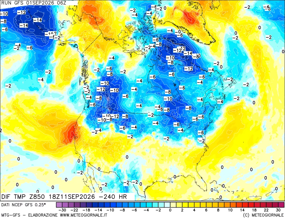 mappa Dif. Temp a 850 hPa Valid - Init