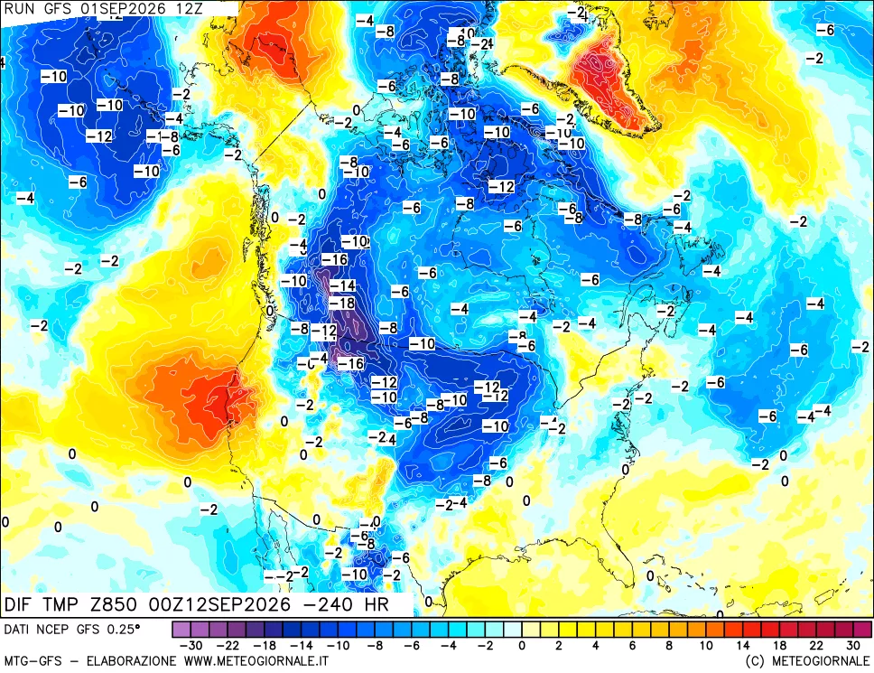 mappa Dif. Temp a 850 hPa Valid - Init