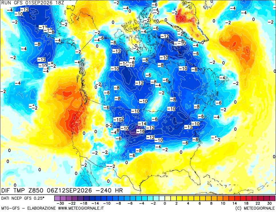 mappa Dif. Temp a 850 hPa Valid - Init