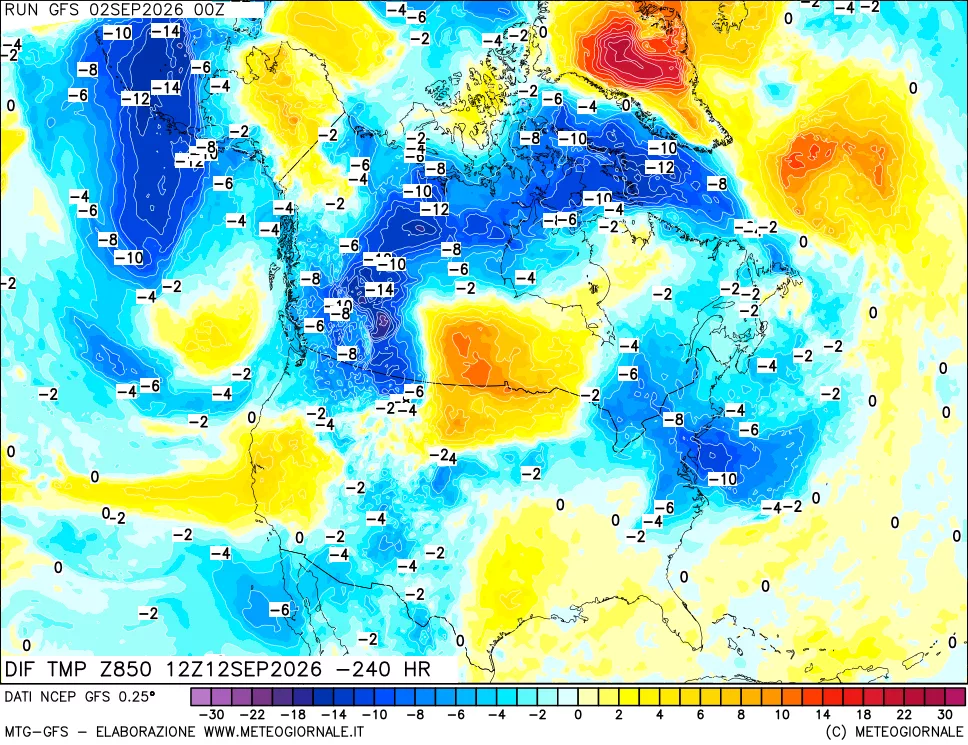 mappa Dif. Temp a 850 hPa Valid - Init